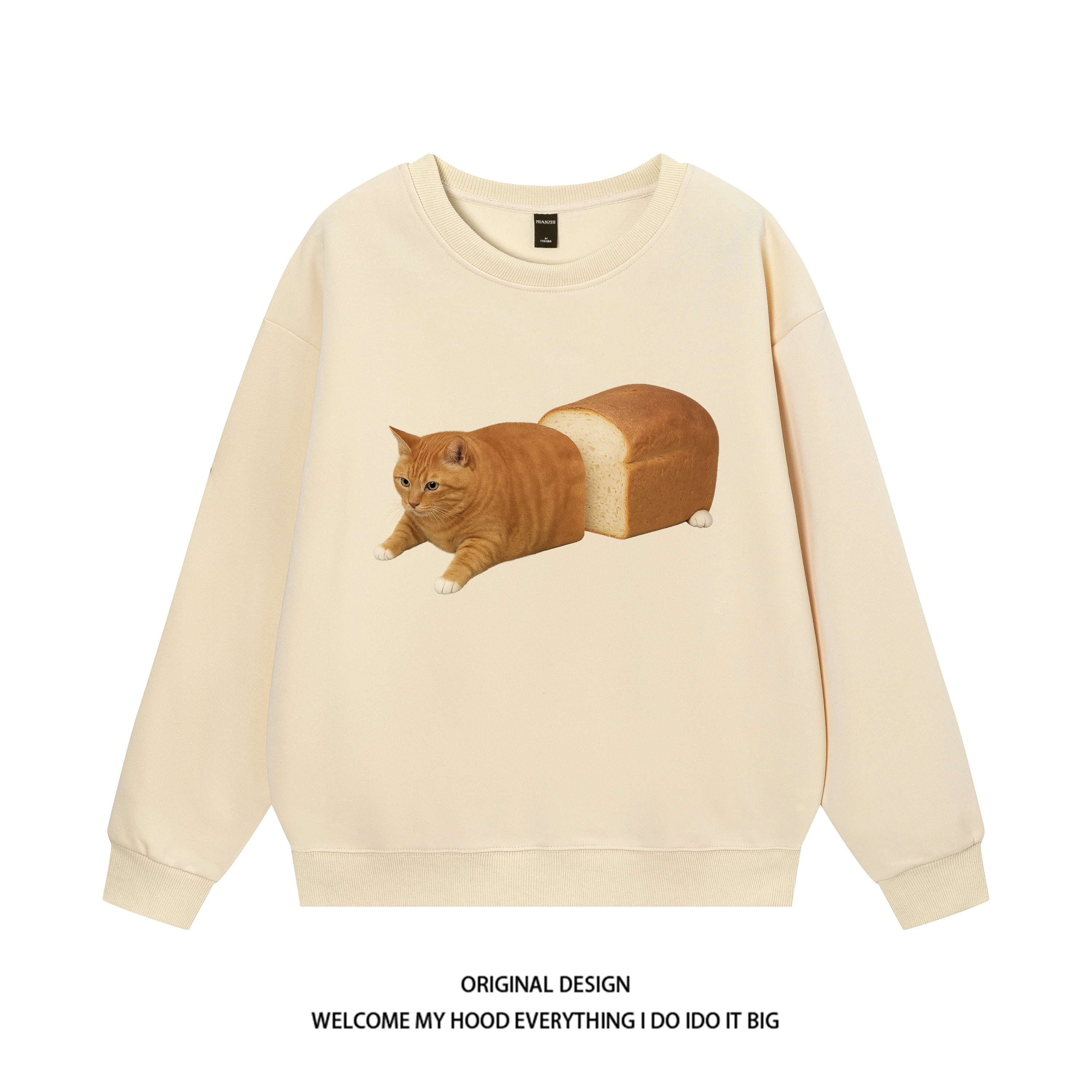 CHRY STUDIO简约趣味搞怪面包猫咪印花圆领卫衣宽松百搭休闲情侣