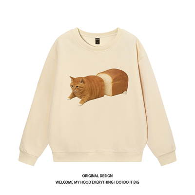 CHRY STUDIO简约趣味搞怪面包猫咪印花圆领卫衣宽松百搭休闲情侣