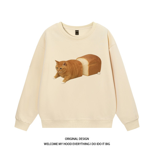 CHRY STUDIO简约趣味搞怪面包猫咪印花圆领卫衣宽松百搭休闲情侣