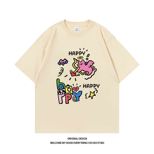 CHRY STUDIO美式卡通天使小猫印花短袖T宽松百搭休闲情侣同款上衣