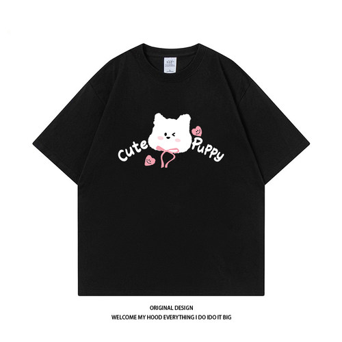 CHRY STUDIO韩系ins学院风卡通小猫字母印花短袖宽松百搭情侣同款