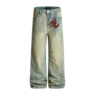 宽松百搭直筒裤 秋季 潮 STUDIO复古设计感小马挂件水洗牛仔裤 CHRY