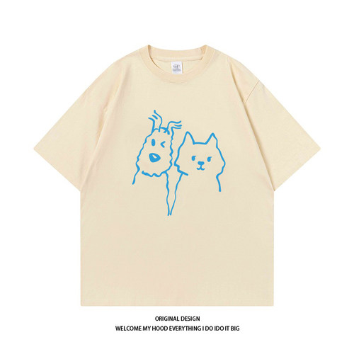CHRY STUDIO美式趣味卡通线条猫狗印花短袖宽松百搭休闲情侣同款T