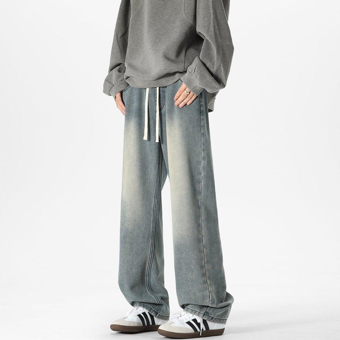 CHRY STUDIO复古做旧水洗直筒牛仔裤春秋款抽绳松紧腰宽松长裤子,男装,卫裤,淘宝优惠券,粉丝福利购,淘宝优惠卷