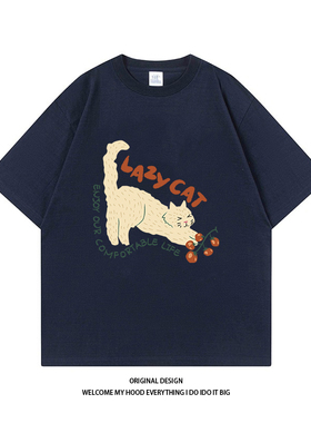 CHRY STUDIO港风ins樱桃小猫印花短袖夏季新款百搭宽松休闲情侣款