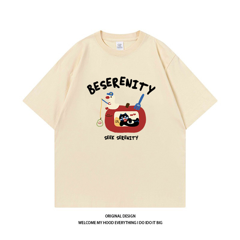 CHRY STUDIO国潮趣味卡通苹果小猫印花短袖夏季宽松百搭休闲情侣T