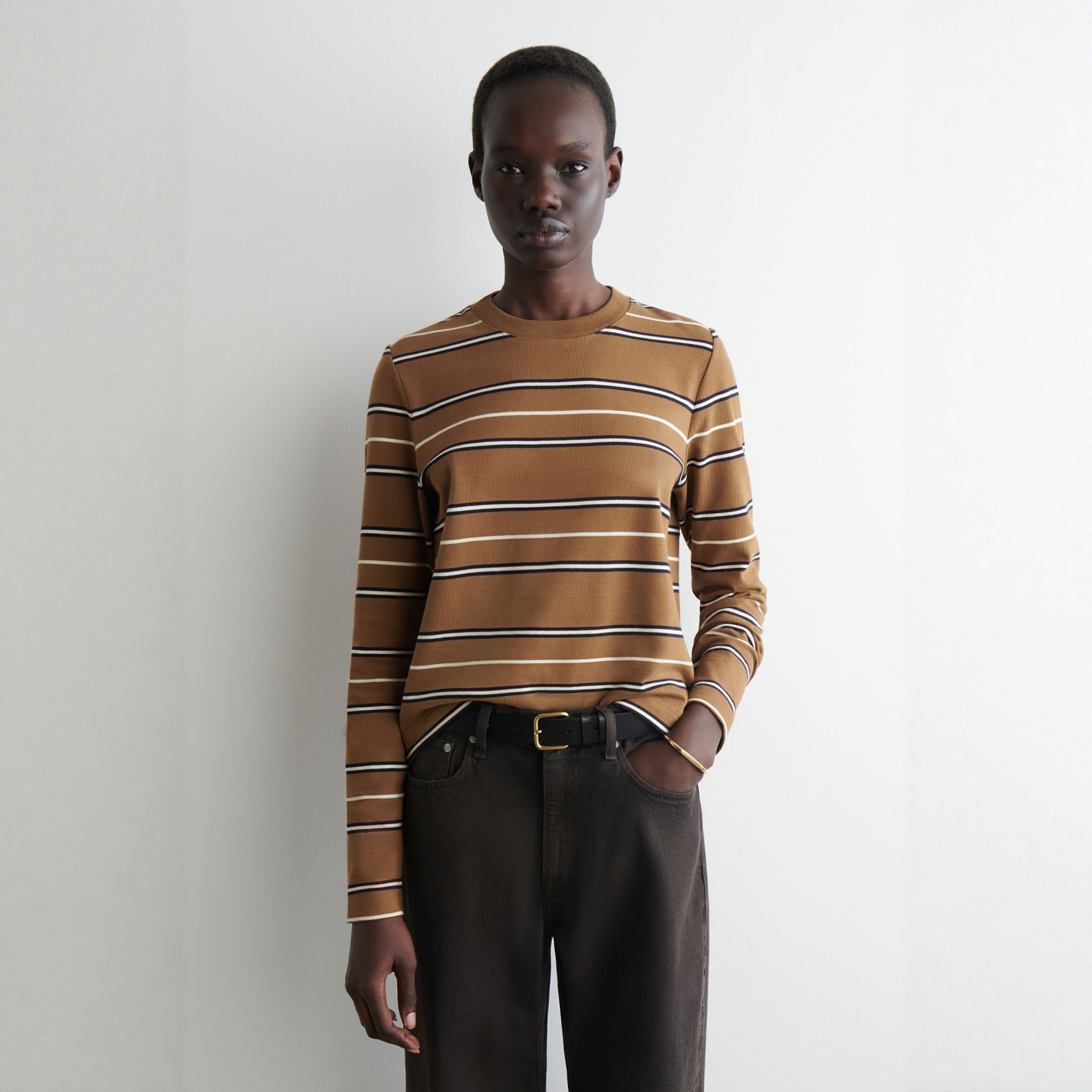 标准版型圆领长袖T恤棕色/条纹