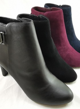 短靴女春秋单靴2021新款外贸原单BDLO皮带扣高跟牛皮女靴有大码