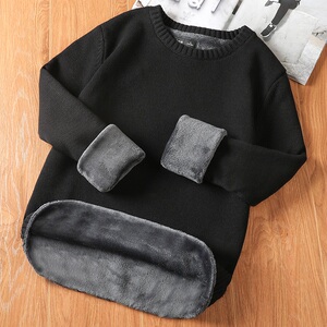 冬季加绒加厚男士毛衣套头爸爸针织衫外套圆领保暖上衣内搭打底衫