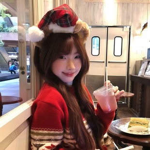 圣诞节氛围感可爱毛绒小熊圣诞帽发箍女游乐园达菲熊红色毛球头饰