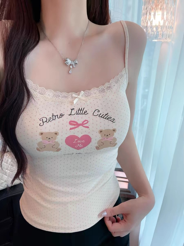 纯欲甜辣妹性感蕾丝边小熊印花吊带背心女内搭外穿短款无袖上衣夏