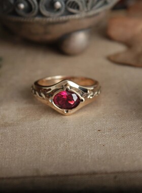 复古精灵雕刻天然红宝石纯银戒指
