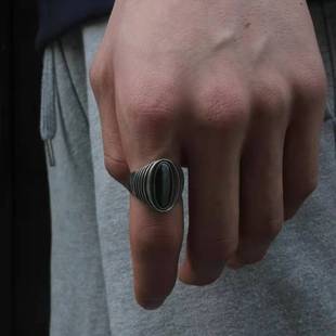 纯银戒指情侣猫眼形状镶嵌宝石简约魔幻几何原创设计时尚银饰饰品