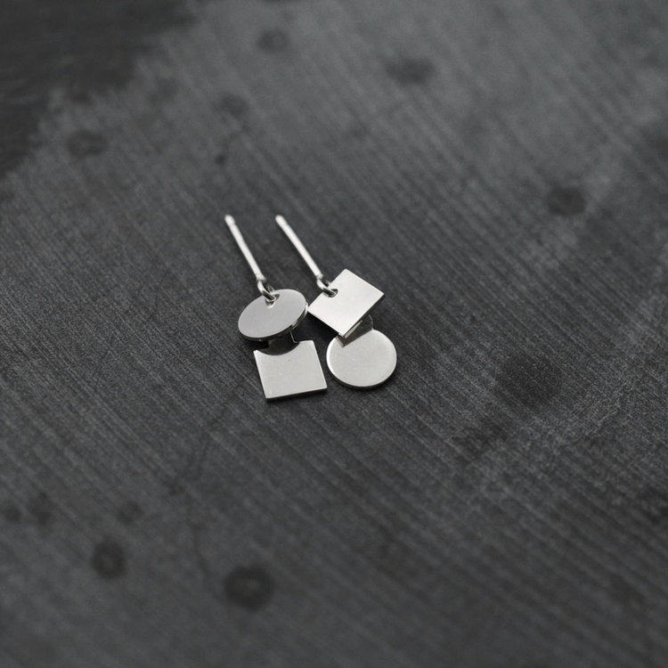 纯银耳环几何图形双层设计原创情侣方形圆形灵动饰品时尚银饰耳饰