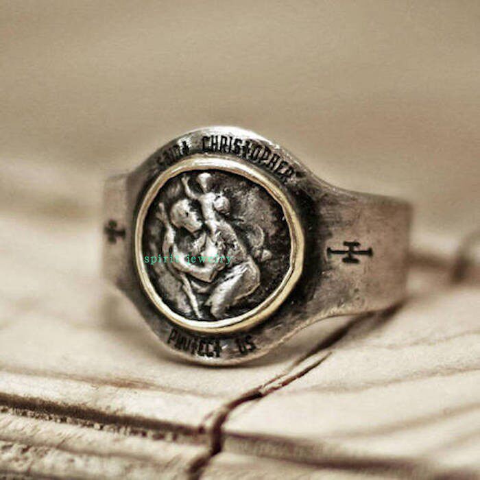 纯银男士人像徽章戒指圣克里斯托弗环老式乡村笨重守护神饰品新款