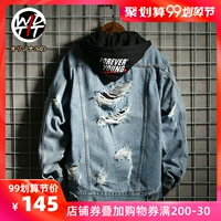 Wdtti phiên bản tiếng Hàn gốc của xu hướng áo khoác denim lỗ nam giặt áo khoác denim thiếu niên cũ - Cao bồi quần jean nam ống rộng