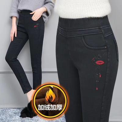 秋冬加绒松紧高腰直筒裤弹力大码中老年妈妈钻石纹炒花牛仔女长裤