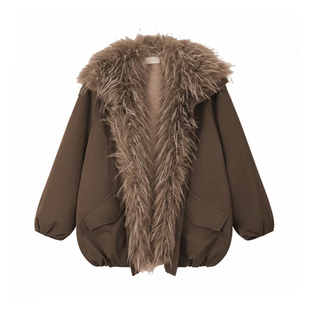 赵露思同款 衣服 深棕色毛毛外套仿貉子毛领拼接派克服夹克2025冬季