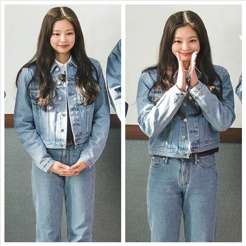 金智妮jennie公寓404同款蓝色水洗牛仔夹克外套直筒牛仔裤子套装v