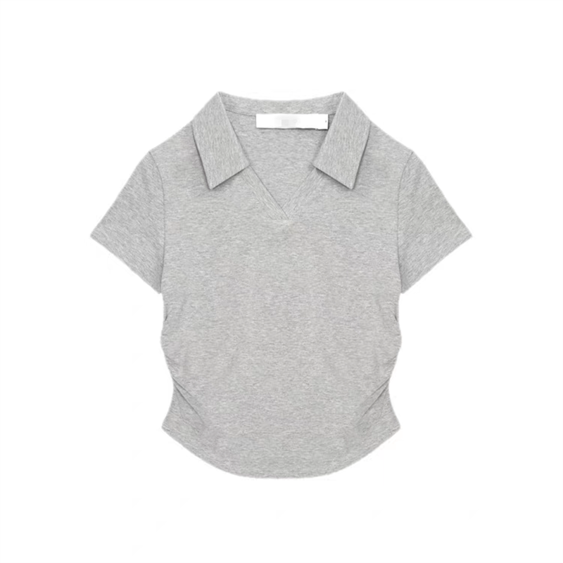 赵露思白鹿虞书欣同款灰色短袖t恤polo领抽绳修身显瘦上衣夏季女v