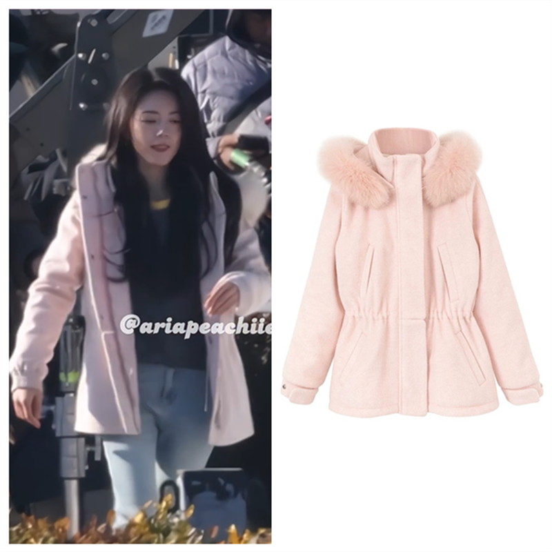 赵今麦同款毛领毛呢羽绒服外套女