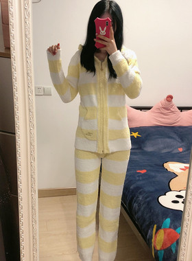 日系软绵绵李小璐同款睡衣女秋冬保暖加厚黄色条纹连帽开衫家居服