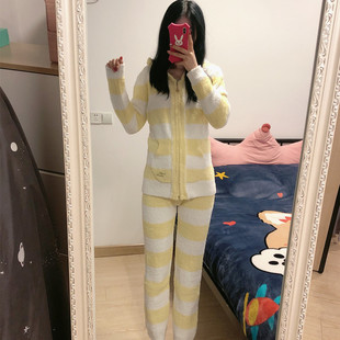 日系软绵绵李小璐同款睡衣女秋冬保暖加厚黄色条纹连帽开衫家居服