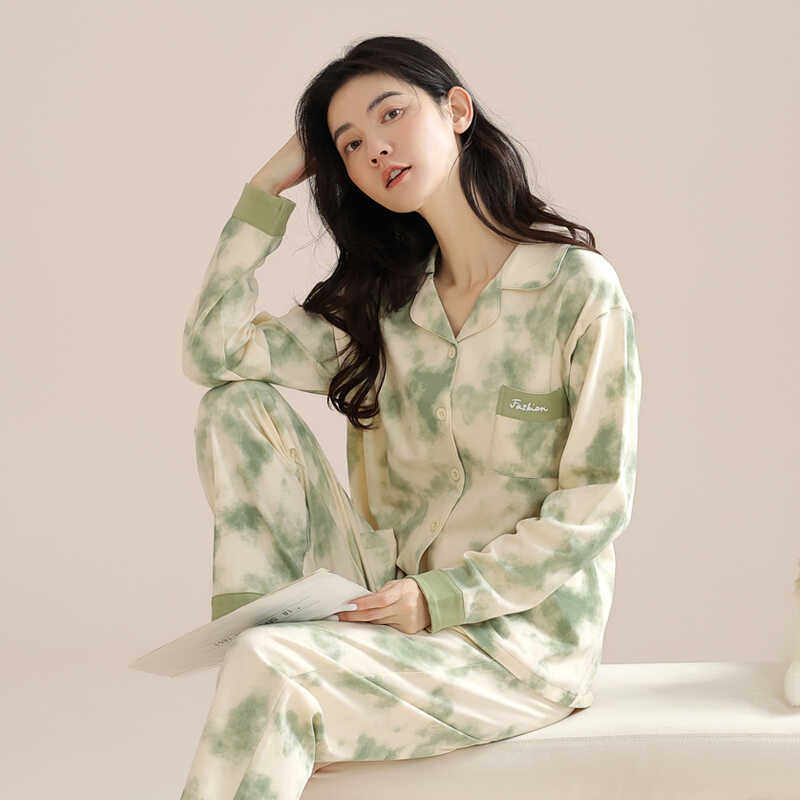 新款初子尼睡衣女春秋款双面纯棉长袖长裤开衫翻领家居服秋冬套装