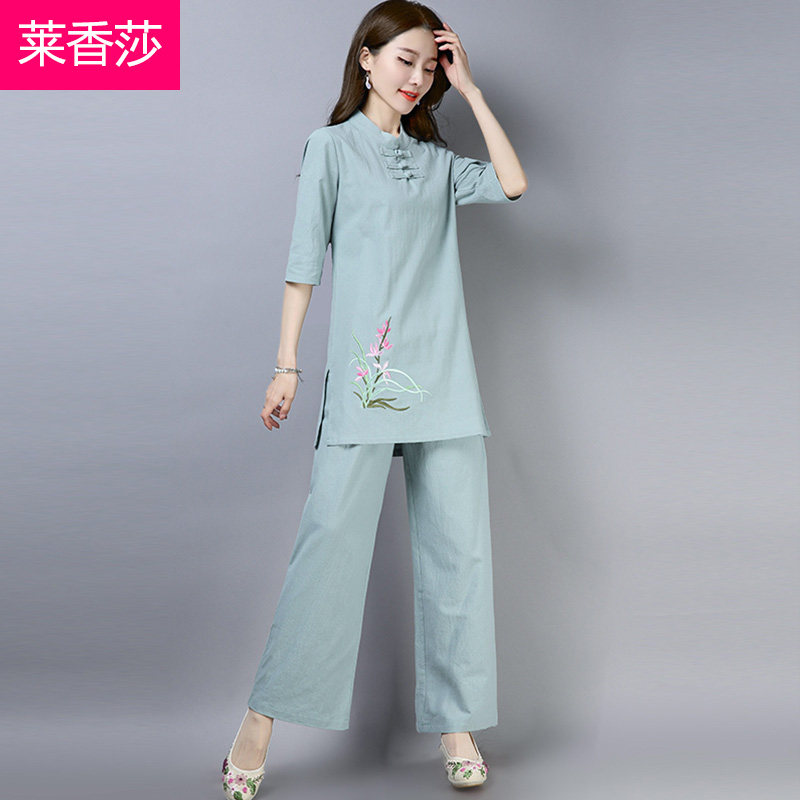 中式唐装套装复古棉麻茶服禅修服打坐居士服中国风禅意女装两件套