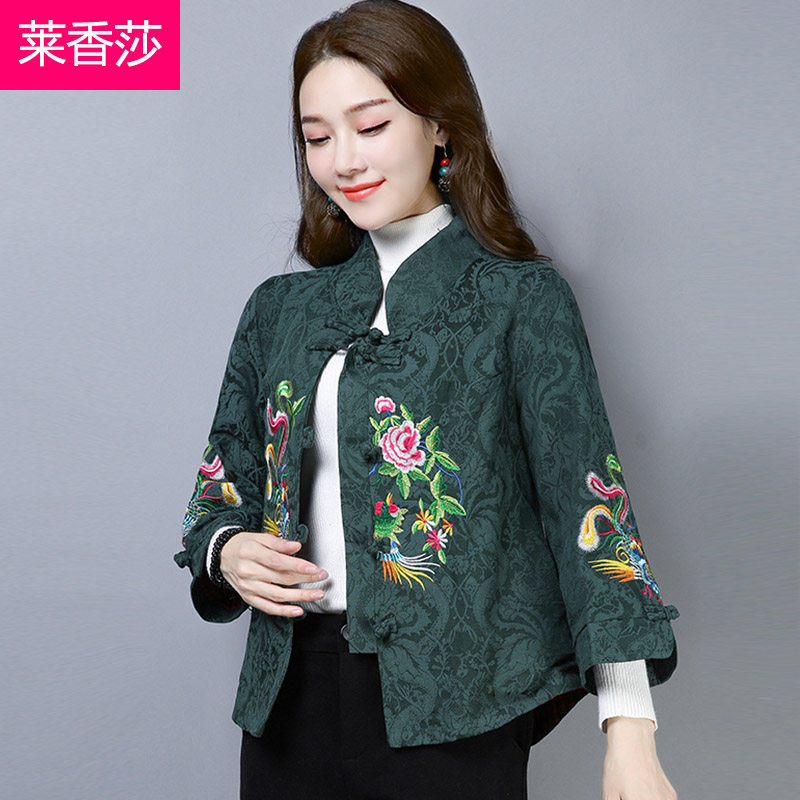 民族风中式唐装夹层外套秋冬中国风复古女装盘扣棉麻提花刺绣上衣