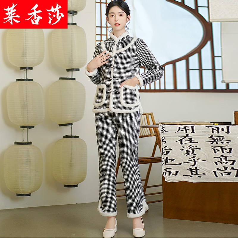 2023冬季新款中式唐装棉麻盘扣棉袄外套女加棉加厚棉衣棉裤两件套