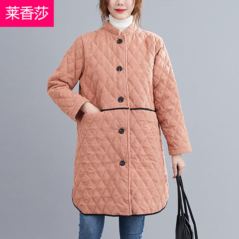 冬季妈妈装中长款灯芯绒保暖棉服女休闲宽松秋冬夹棉加厚棉衣外套