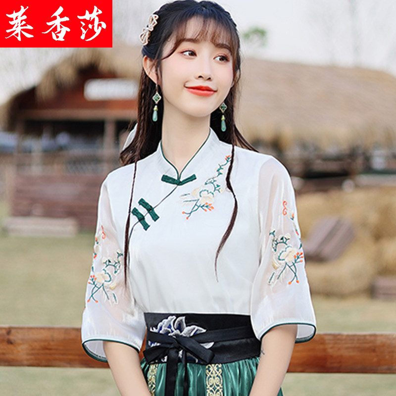 春夏中国风绣花茶服中式唐装民国风汉服女改良年轻旗袍上衣两件套