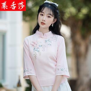 棉麻绣花茶艺服两件套 女装 汉服改良旗袍上衣中国风大码 民国学生装