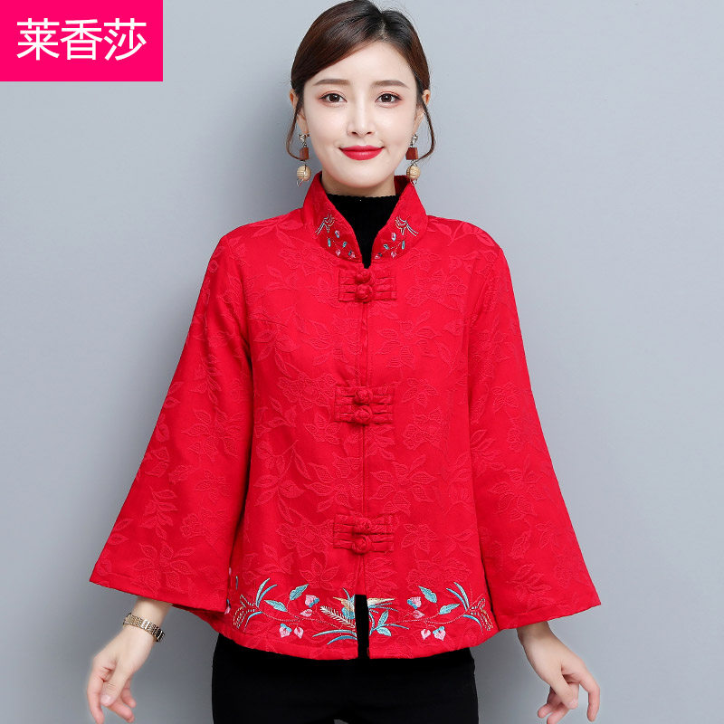 中国风复古唐装改良旗袍上衣女秋冬盘扣茶服民族风棉麻绣花短外套