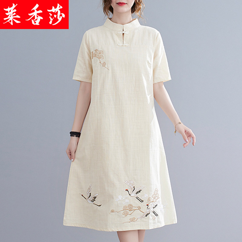 中国风唐装女汉服夏装改良旗袍裙复古刺绣立领盘扣棉麻短袖连衣裙