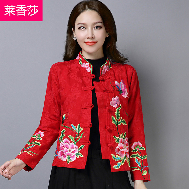 民族风提花刺绣棉麻短外套女秋冬复古中国风女装中式唐装盘扣上衣