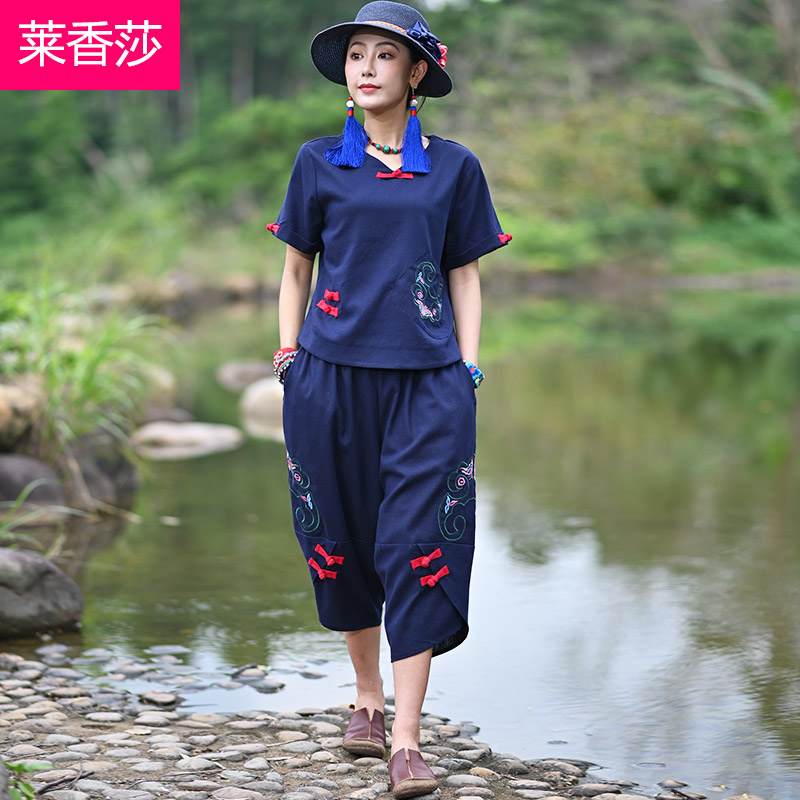 中国风复古刺绣棉麻短袖上衣七分裤两件套女民族风夏季唐装女套装|ruв категории Женская одежда, костюм/национальная одежда/театр костюм, костюм/китайский стиль одежды, пальто - от Buy2taobao.com для оказания профессиональной услуги покупки агента Taobao