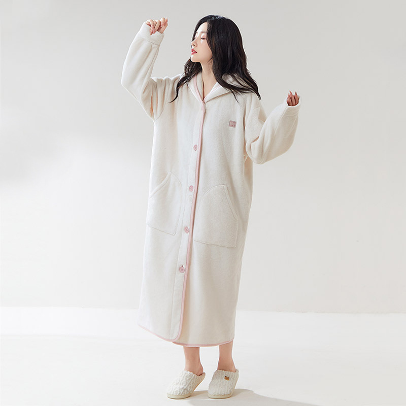 睡袍女款秋冬季加绒加厚珊瑚绒长款连帽睡衣法兰绒白色家居服长袍