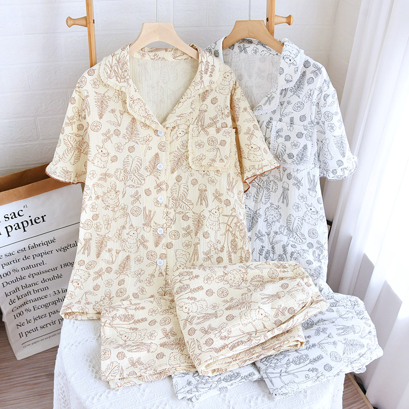 森系小兔子睡衣女春秋新款日系田园风双层棉纱家居服纯棉套装短袖