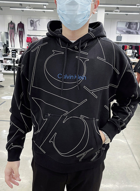 Calvin Klein/CK 男士春季新款宽松满字母印花连帽抓绒套头卫衣潮