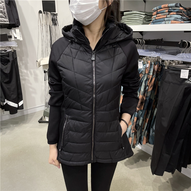 Calvin Klein/CK 女士冬季新款休闲拼接撞色轻薄保暖连帽棉衣外套