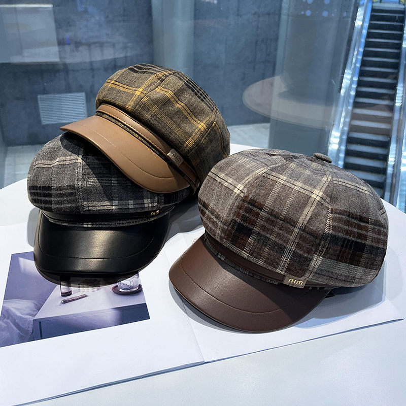 八角帽复古英伦女春秋格纹显脸小