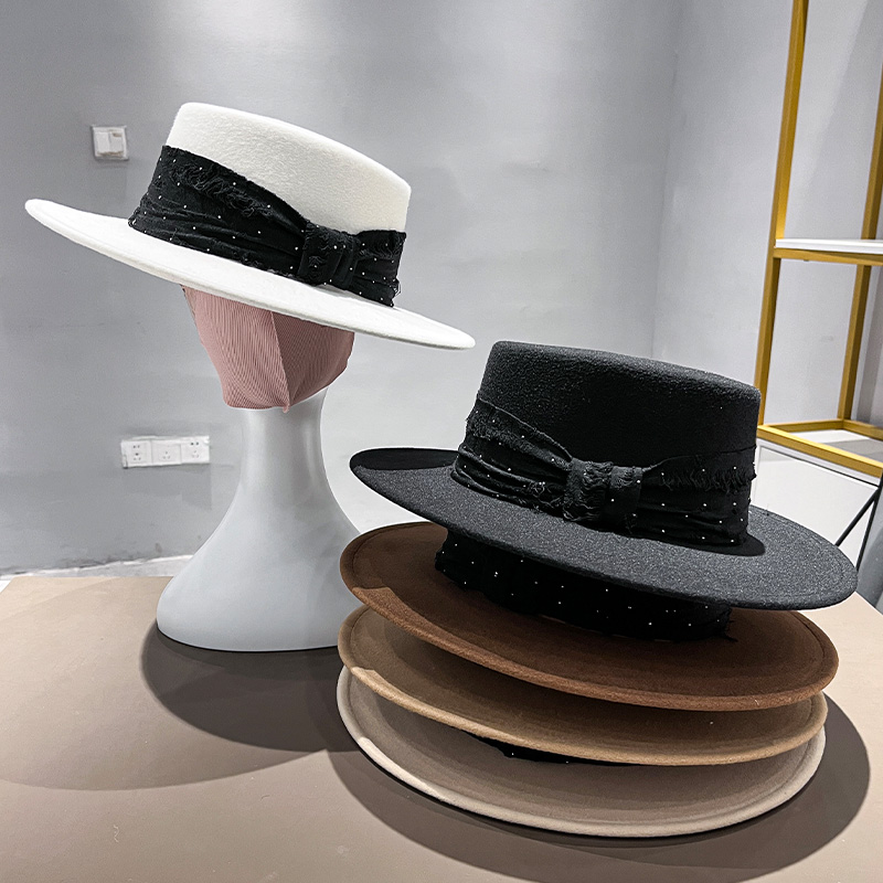 复古烫钻优雅平顶帽秋冬款高品质千金风毛呢礼帽显脸小保暖帽女士