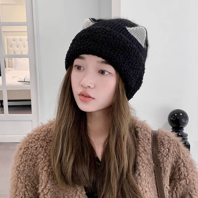 可爱甜美猫耳朵针织帽子女冬季加绒保暖灰色兔毛毛线帽套头帽冷帽