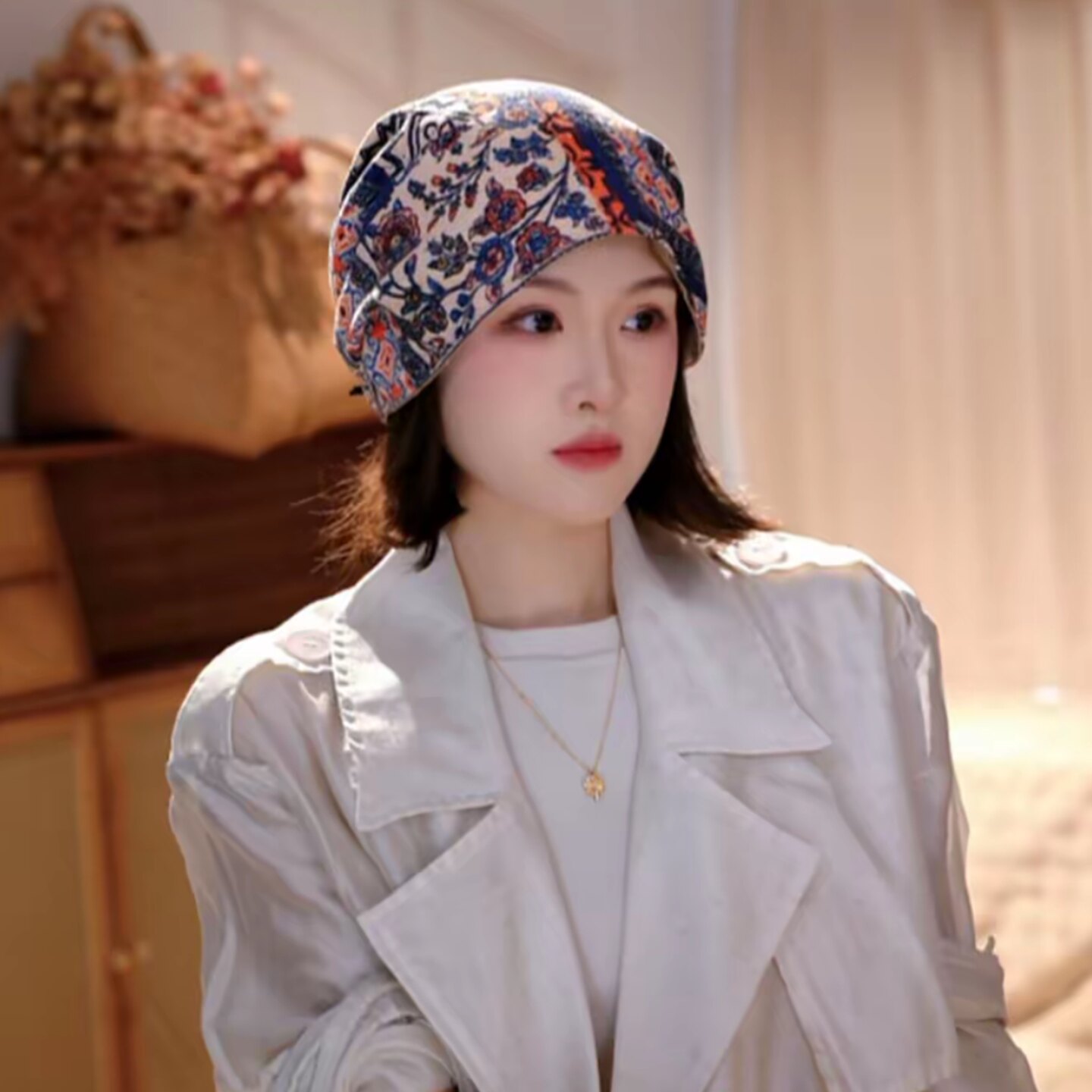 复古民族风印花堆堆帽女显脸小