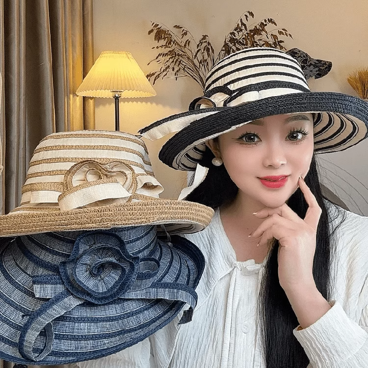 法式时尚百搭条纹可折叠渔夫帽子女春夏大檐防晒防紫外线沙滩礼帽