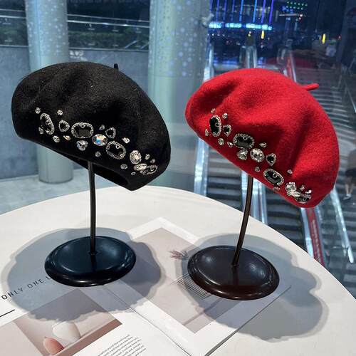 秋冬季保暖羊毛女重工镶钻贝雷帽