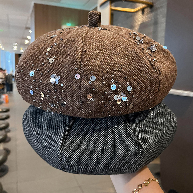 2025新款复古亮片贝雷帽子女秋冬季保暖羊毛呢显脸小气质画家帽潮