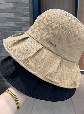 春夏格纹薄款显脸小渔夫帽韩版百搭休闲盆帽大檐遮脸防晒遮阳帽女